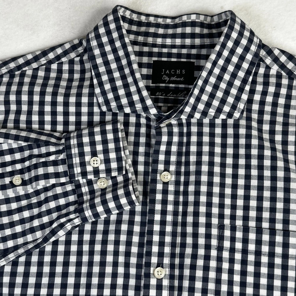JACHS City Smart Mens Navy White Gingham‎ Check Long Sleeve Button Down Shirt L